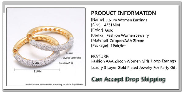 MHS.SUN 2019 New European Style Jewelry Gold Color Hoop Earrings With AAA Zircon For Women Wedding Party Circel Earrings Gift