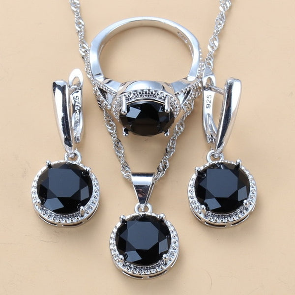 925 Sterling Silver 10-Color Jewelry Sets Round Black Zircon Dangle Earrings and Necklace Ring Sets For Women Trendy Costume