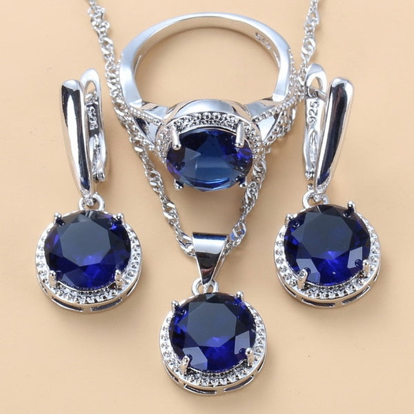 925 Sterling Silver 10-Color Jewelry Sets Round Black Zircon Dangle Earrings and Necklace Ring Sets For Women Trendy Costume