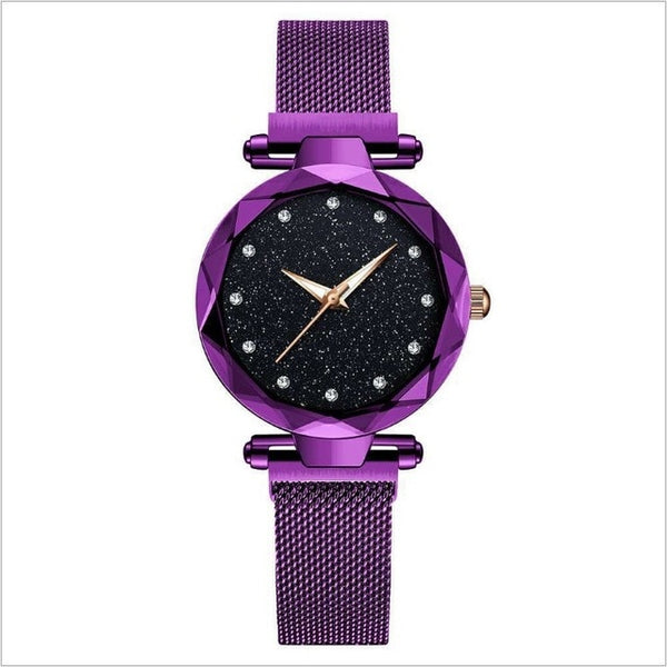 Luxury Women Watch Fashion Elegant Magnet Buckle Vibrato Purple Ladies Wristwatch Starry Sky Roman Numeral Gift Clock