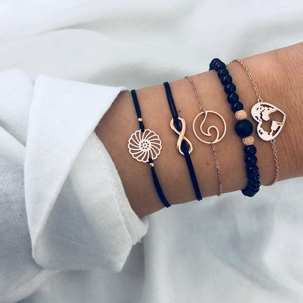 6 Pcs/ Set Women Bracelets Set Boho Gem Shell Turtle Leaf Bead Chain Leather Multilayer Bracelet Charm Lady Gold Jewelry Gift