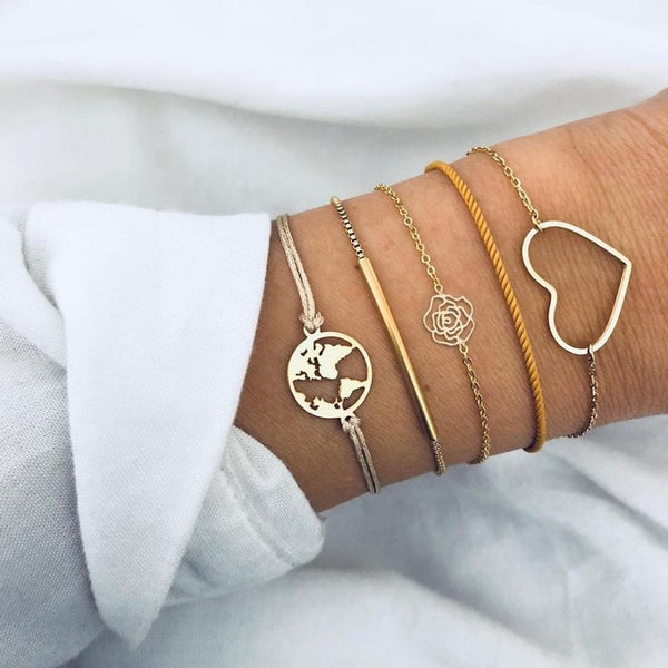 6 Pcs/ Set Women Bracelets Set Boho Gem Shell Turtle Leaf Bead Chain Leather Multilayer Bracelet Charm Lady Gold Jewelry Gift
