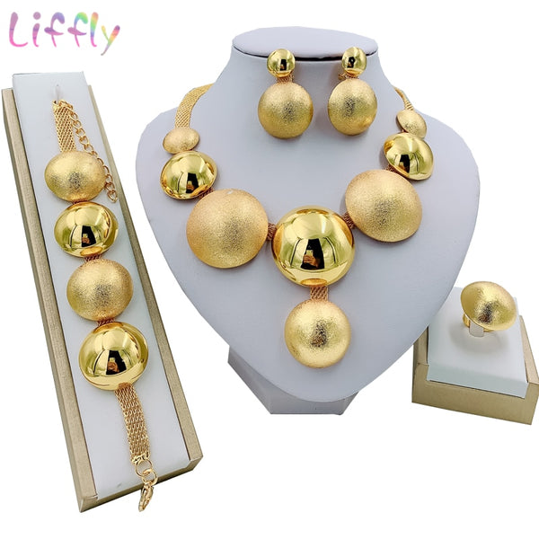 Liffly African Jewelry Sets Round Necklace Bracelet Dubai Gold Jewelry Set for Women Wedding Party Bridal Earrings Ring Jewelry