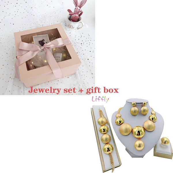 Liffly African Jewelry Sets Round Necklace Bracelet Dubai Gold Jewelry Set for Women Wedding Party Bridal Earrings Ring Jewelry