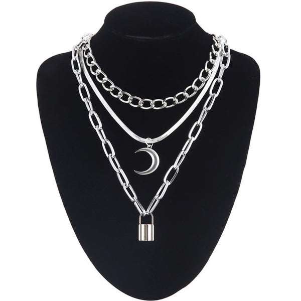 Layered punk chain necklace lock pendant necklace women men choker metal padlock chains goth jewelry grunge aesthetic accessory