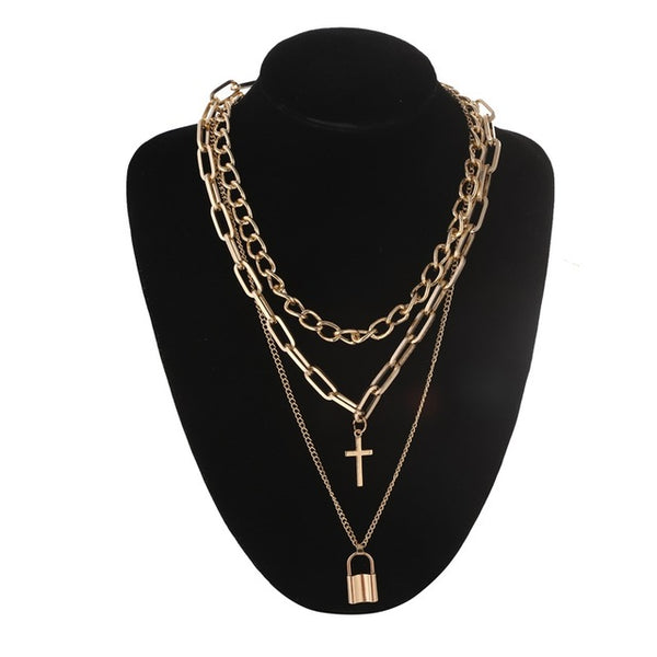 Layered punk chain necklace lock pendant necklace women men choker metal padlock chains goth jewelry grunge aesthetic accessory