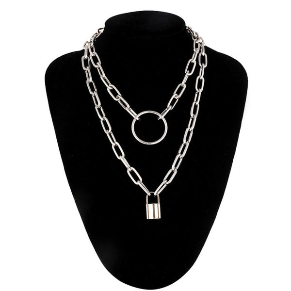 Layered punk chain necklace lock pendant necklace women men choker metal padlock chains goth jewelry grunge aesthetic accessory