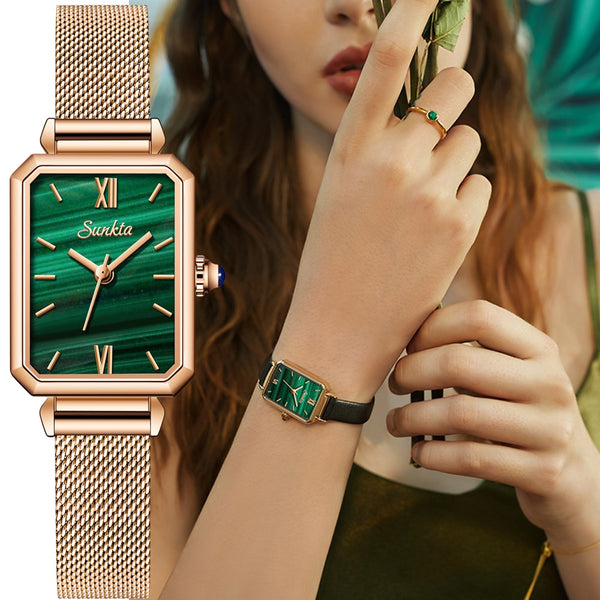 SUNKTA Watch Women Watches top brand luxury fashion rectangular small green watch ladies ultra-thin waterproof Quartz Wristwatch