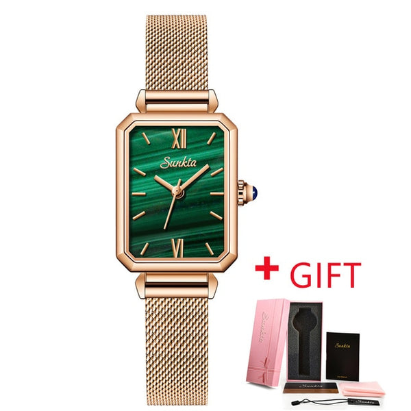SUNKTA Watch Women Watches top brand luxury fashion rectangular small green watch ladies ultra-thin waterproof Quartz Wristwatch