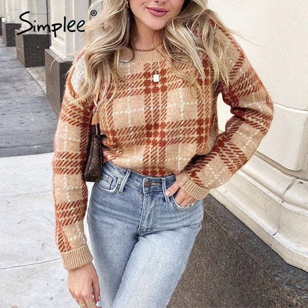 Simplee Women geometric khaki knitted sweater women casual Houndstooth lady pullover sweater female Autumn winter retro jumper