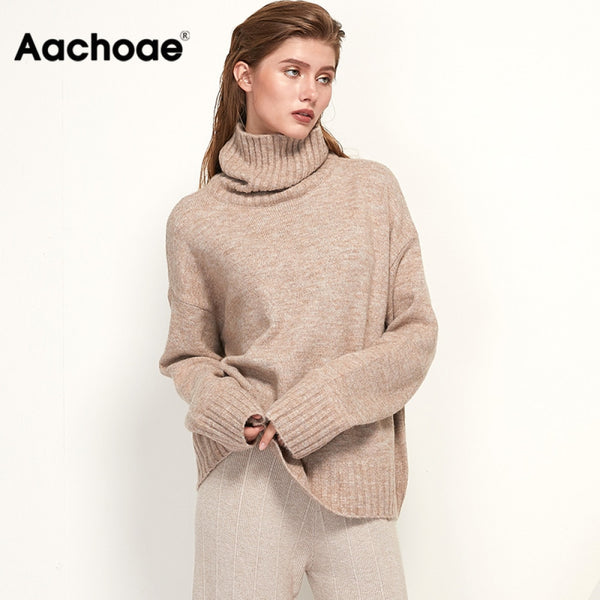 Aachoae Autumn Winter Women Knitted Turtleneck Cashmere Sweater 2020 Casual Basic Pullover Jumper Batwing Long Sleeve Loose Tops