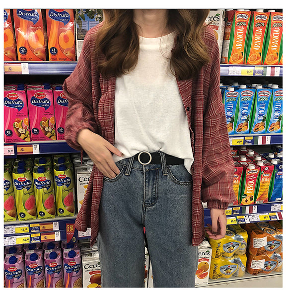 2019 New Woman Vent Vintage Plaid Shirt Single Breasted Turn down Collar Cotton Long Sleeve Button Feminina Sales T8D512Z