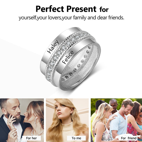 خواتم شخصية مع مكعب زركونيا حجر محفورة 2 أسماء خواتم الموضة الزفاف الذكرى مجوهرات هدية للنساء