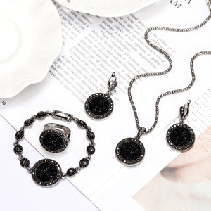 1 Set Vintage Silver Color Rhinestone Necklace Earrings Bracelet Ring Set Bohemia Black Broken Stone Wedding Jewelry Sets Women