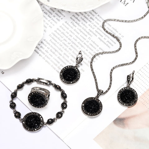 1 Set Vintage Silver Color Rhinestone Necklace Earrings Bracelet Ring Set Bohemia Black Broken Stone Wedding Jewelry Sets Women