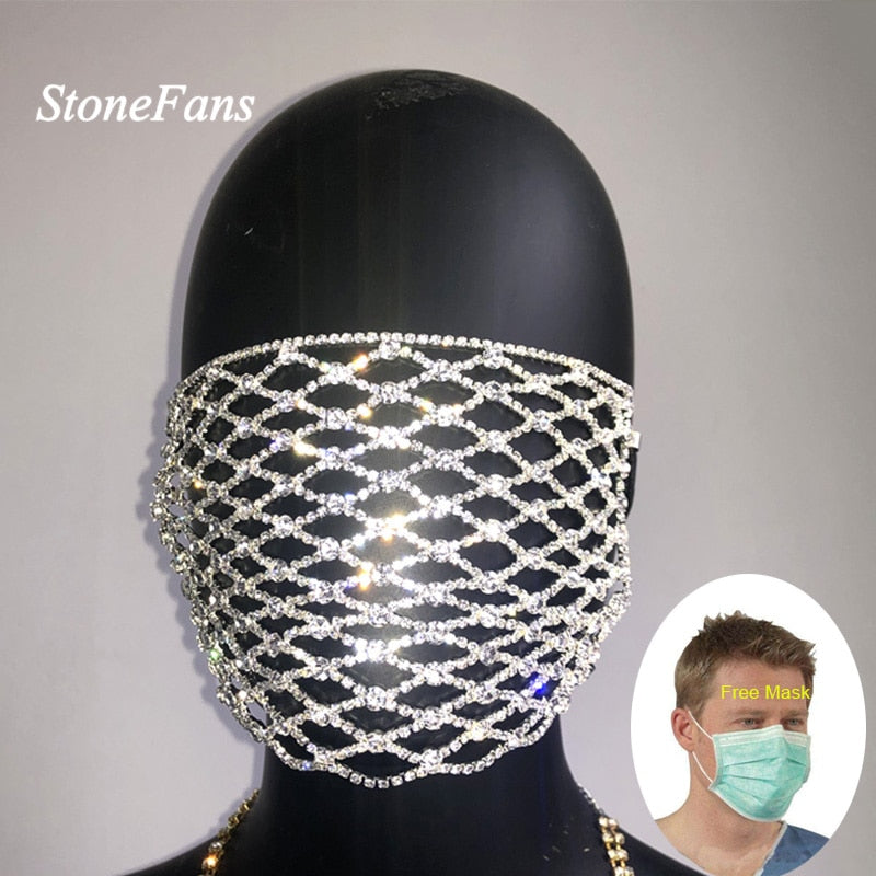 StoneFans Charming Rhinestone Face Mask Mouth Statement Trendy Crystal Dangle Club Mask Party Fashion Jewelry for Women