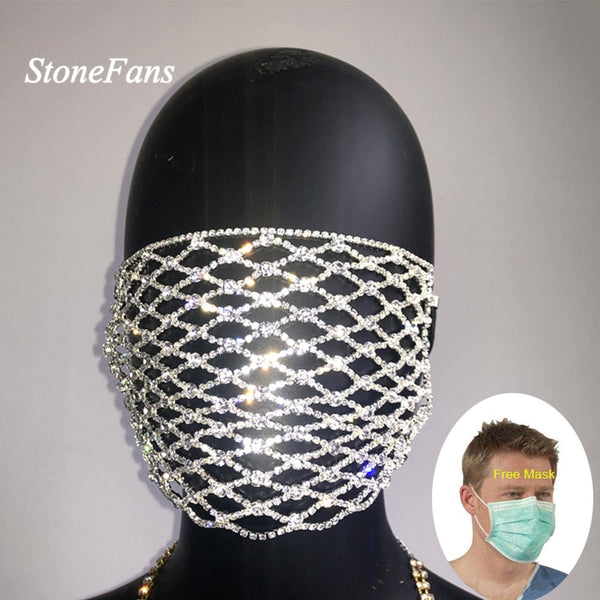 StoneFans Charming Rhinestone Face Mask Mouth Statement Trendy Crystal Dangle Club Mask Party Fashion Jewelry for Women