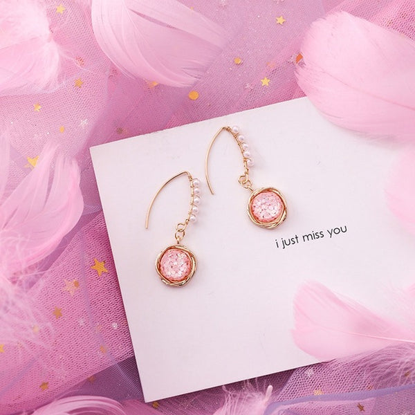 2019 Pink Earrings Korean Flower Sweet Geometric Earring Simulated Pearl pendientes mujer For Women Tassel Ear Jewelry brincos
