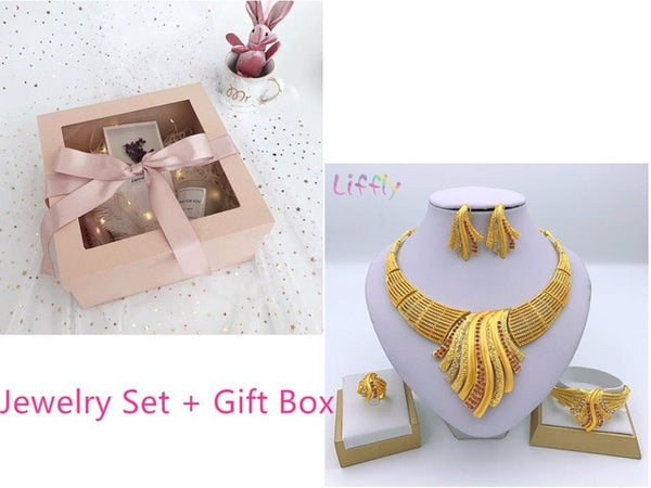 Liffly New Indian Jewelry Sets Multicolor Bridal Wedding Big Crystal Dubai Gold Jewelry Sets for Women Necklace Earrings