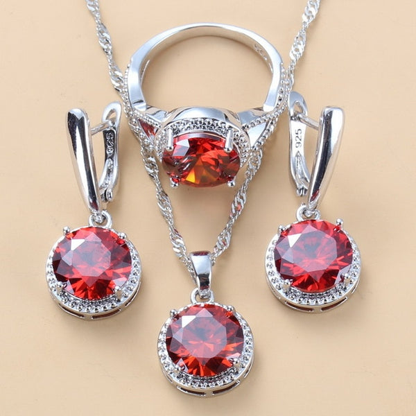 925 Sterling Silver 10-Color Jewelry Sets Round Black Zircon Dangle Earrings and Necklace Ring Sets For Women Trendy Costume
