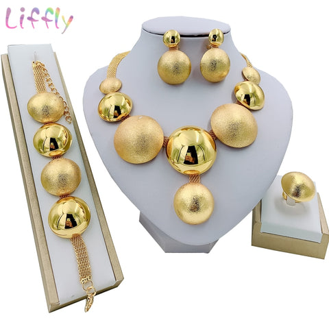Liffly African Jewelry Sets Round Necklace Bracelet Dubai Gold Jewelry Set for Women Wedding Party Bridal Earrings Ring Jewelry