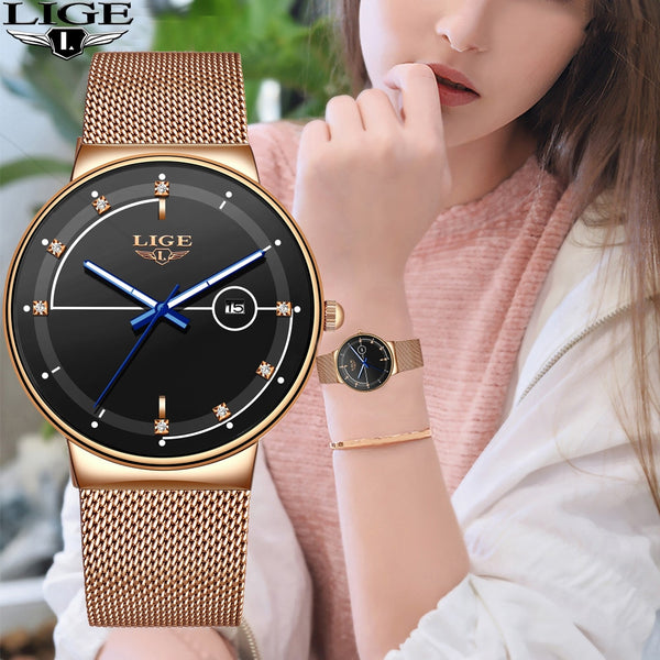 2020 New LIGE Fashion Ladies Watches Top Brand Luxury Simple Slim Watch Women Waterproof Mesh Belt Gold Watch Relogio Feminino