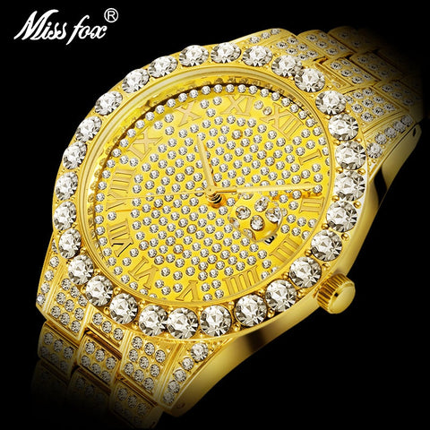 Dropshipping 2020 Hot MISSFOX Watches Men Wrist Luxury Brand Rolexable_watch Men 18K Gold Fake Diamond Male WristWatches For Men