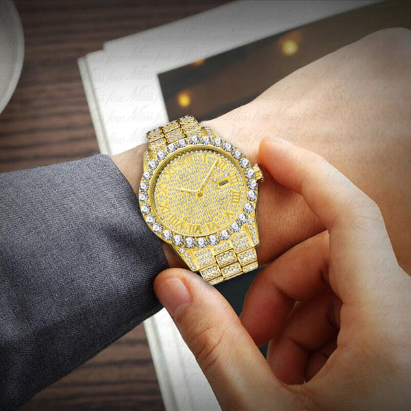 Dropshipping 2020 Hot MISSFOX Watches Men Wrist Luxury Brand Rolexable_watch Men 18K Gold Fake Diamond Male WristWatches For Men