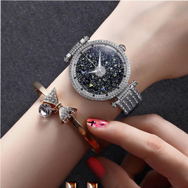 PB Women Watches Starry Sky Dial Rhinestone Watch Women Silver Crystal Chain Strap Waterproof Quartz Luxury Brand Reloj Mujer