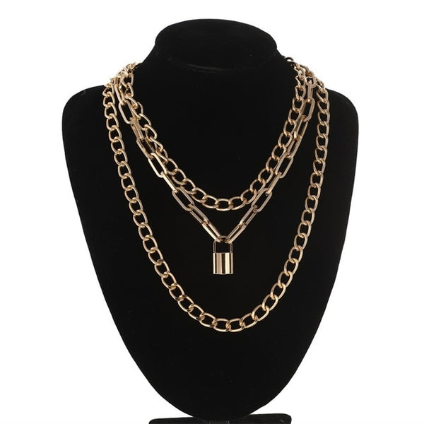 Layered punk chain necklace lock pendant necklace women men choker metal padlock chains goth jewelry grunge aesthetic accessory