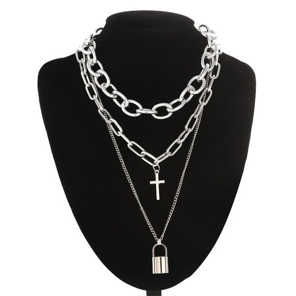 Layered punk chain necklace lock pendant necklace women men choker metal padlock chains goth jewelry grunge aesthetic accessory