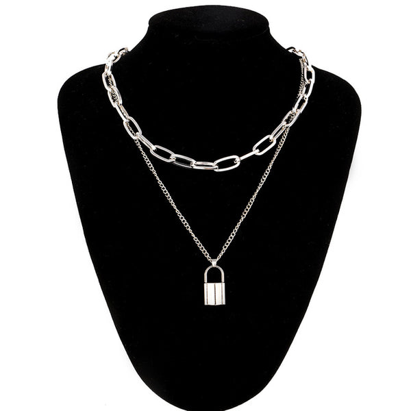 Layered punk chain necklace lock pendant necklace women men choker metal padlock chains goth jewelry grunge aesthetic accessory