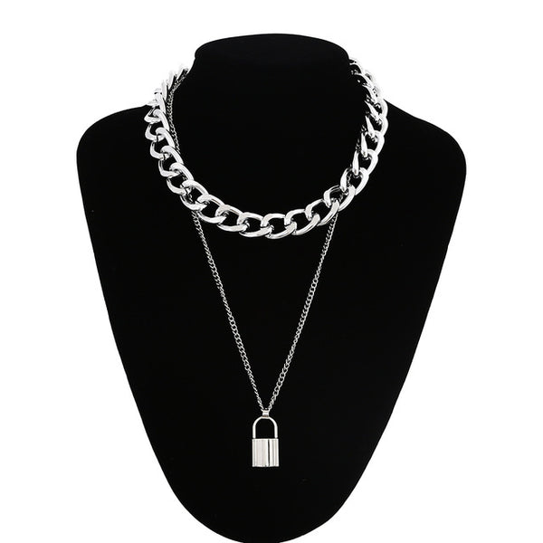 Layered punk chain necklace lock pendant necklace women men choker metal padlock chains goth jewelry grunge aesthetic accessory