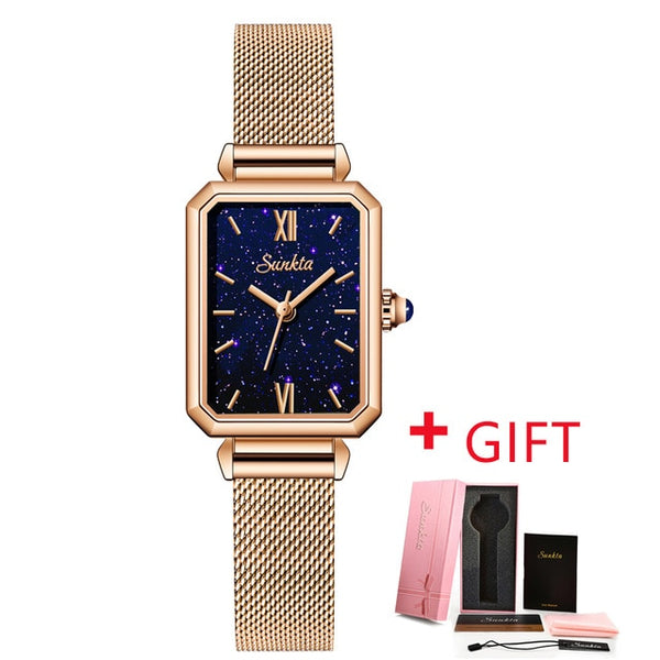 SUNKTA Watch Women Watches top brand luxury fashion rectangular small green watch ladies ultra-thin waterproof Quartz Wristwatch