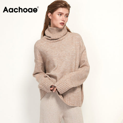 Aachoae Autumn Winter Women Knitted Turtleneck Cashmere Sweater 2020 Casual Basic Pullover Jumper Batwing Long Sleeve Loose Tops