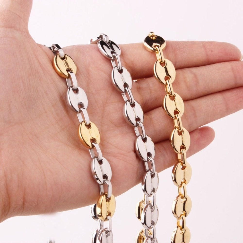 7/9/11mm 7-40" High Quality Mens Womens 316L Stainless Steel Silver Gold Jewelry Coffee Bean Beads Chain Necklace or Bracelet